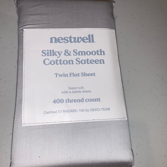 Nestwell Silky & Smooth Cotton Sateen Twin Flat Sheet NEW 400 TC Gray Dorm Room - Picture 1 of 2